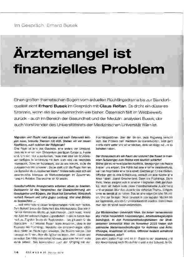 Vorschauseite 1: Ärztemangel ist finanzielles Problem