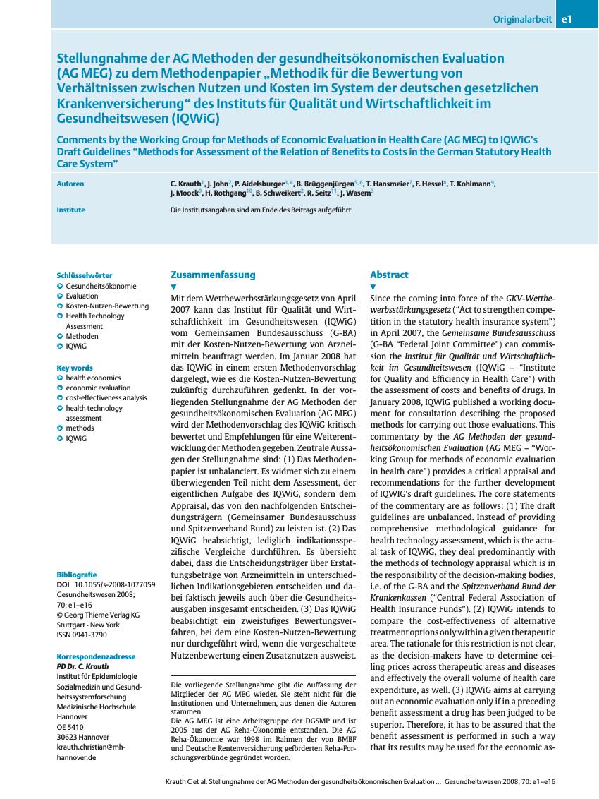 Vorschauseite 1: Stellungnahme der AG Methoden der gesundheitsökonomischen Evaluation (AG MEG) zu dem Methodenpapier „Methodik für die Bewertung von Verhältnissen zwischen Nutzen und Kosten im Sys…