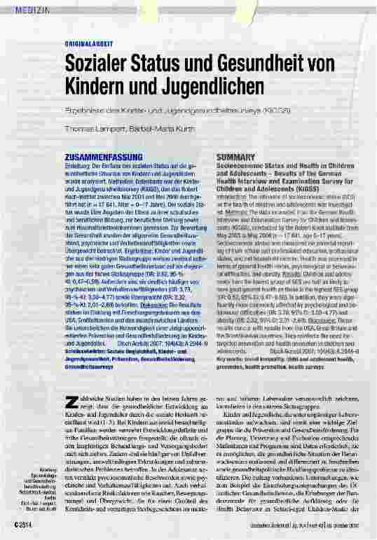 Vorschauseite 1: Sozialer Status und Gesundheit von Kindern und Jugendlichen