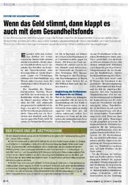 Vorschauseite 1: Wenn das Geld stimmt, dann klappt es auch mit dem Gesundheitsfonds