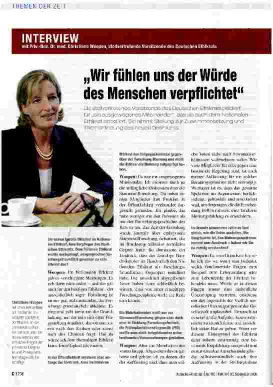Vorschauseite 1: INTERVIEWmit Priv.-Doz. Dr. med. Christiane Woopen, stellvertretende Vorsitzende des Deutschen Ethikrats „Wir fühlen uns der Würde des Menschen verpflichtet