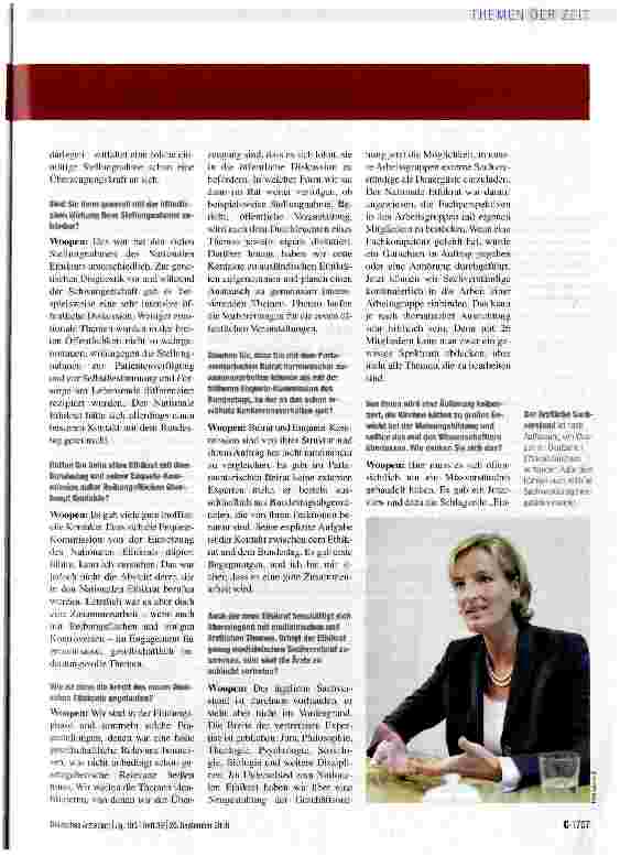 Vorschauseite 2: INTERVIEWmit Priv.-Doz. Dr. med. Christiane Woopen, stellvertretende Vorsitzende des Deutschen Ethikrats „Wir fühlen uns der Würde des Menschen verpflichtet