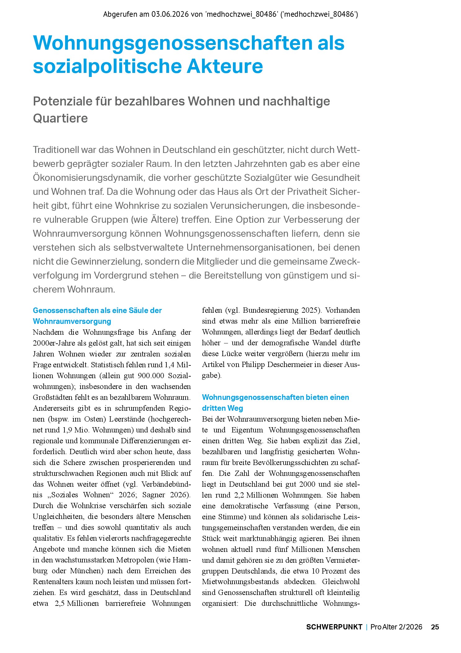 Vorschauseite 1: Wohnungsgenossenschaften als sozialpolitische Akteure. Potenziale für bezahlbares Wohnen und nachhaltige Quartiere