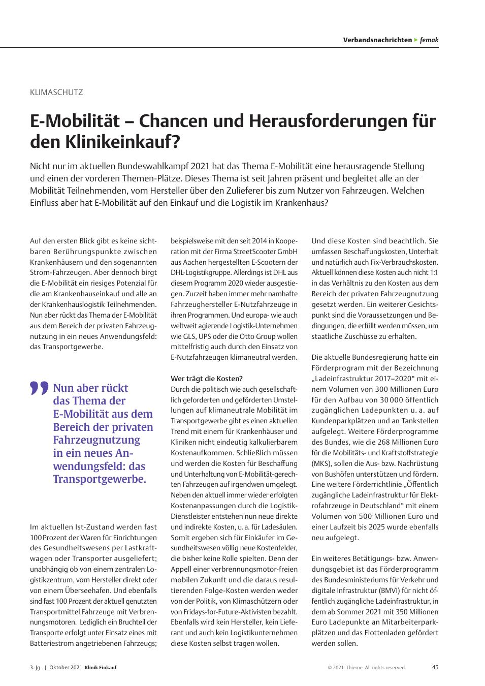 Vorschauseite 1: Klimaschutz: E-Mobilität – Chancen und Herausforderungen für den Klinikeinkauf?