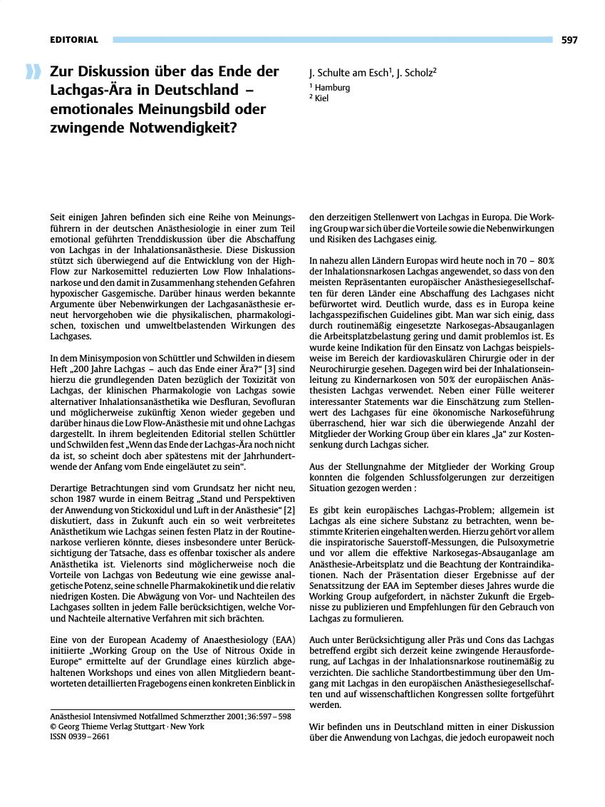 Vorschauseite 1: Zur Diskussion über das Ende der Lachgas-Ära in Deutschland - emotionales Meinungsbild oder zwingende Notwendigkeit?