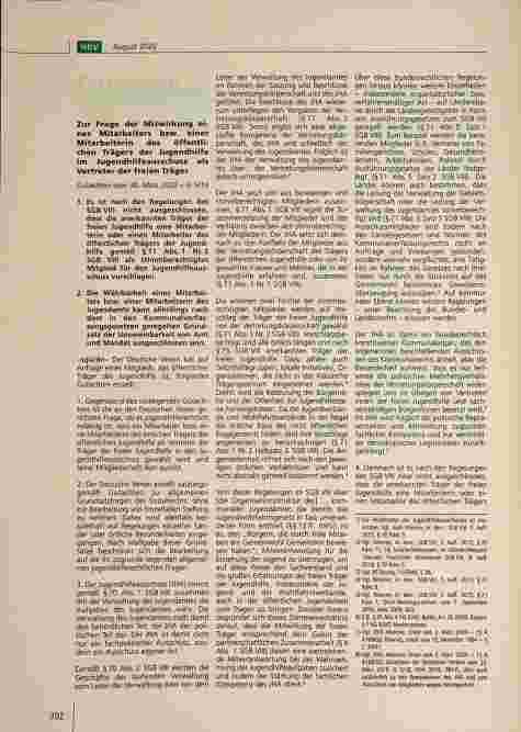 Vorschauseite 1: Zur Frage der Mitwirkung eines Mitarbeiters bzw. einer Mitarbeiterin des öffentlichen Trägers der Jugendhilfe im Jugendhilfeausschuss als Vertreter der freien Träger.