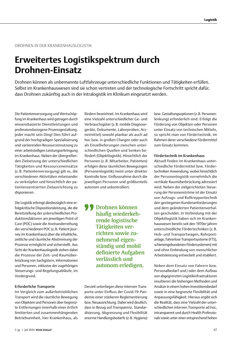 Vorschauseite 1: Drohnen in der Krankenhauslogistik: Erweitertes Logistikspektrum durch Drohneneinsatz