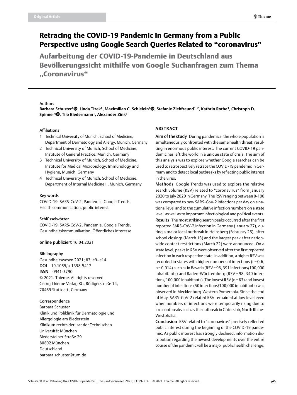 Vorschauseite 1: Retracing the COVID-19 Pandemic in Germany from a Public Perspective using Google Search Queries Related to “coronavirus”