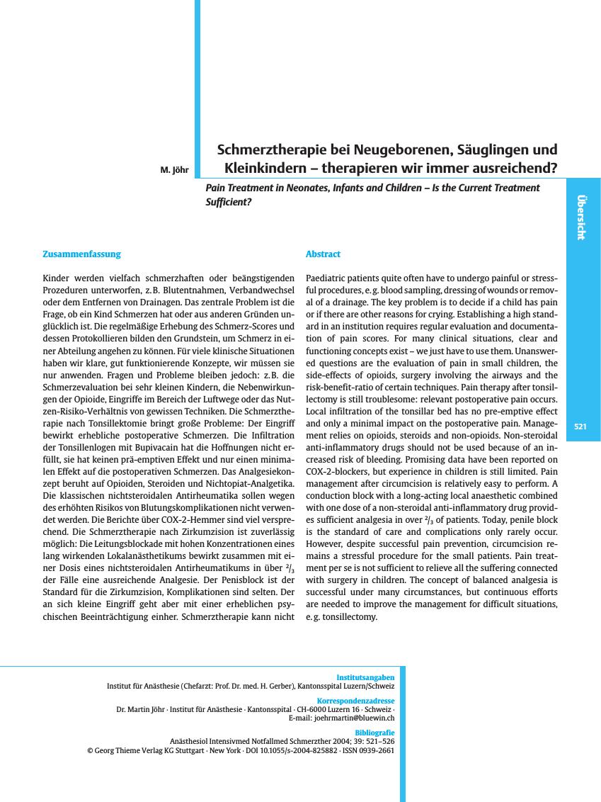 Vorschauseite 1: Schmerztherapie bei Neugeborenen, Säuglingen und Kleinkindern - therapieren wir immer ausreichend?