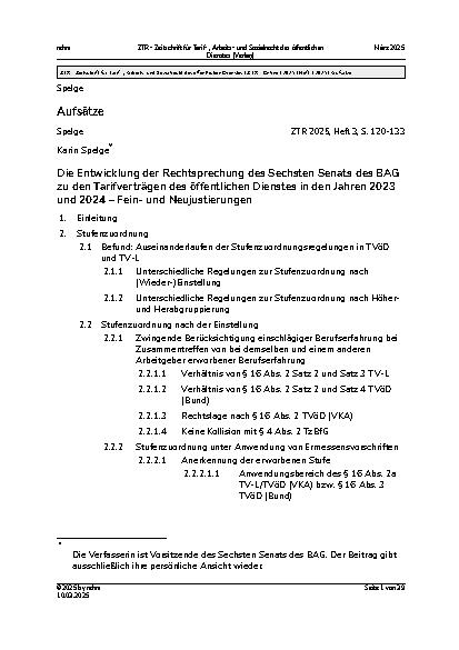 Vorschauseite 1: Die Entwicklung der Rechtsprechung des Sechsten Senats des BAG zu den Tarifverträgen des öffentlichen Dienstes in den Jahren 2023 und 2024 – Feinund Neujustierungen