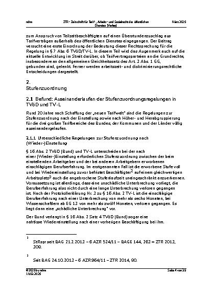 Vorschauseite 4: Die Entwicklung der Rechtsprechung des Sechsten Senats des BAG zu den Tarifverträgen des öffentlichen Dienstes in den Jahren 2023 und 2024 – Feinund Neujustierungen