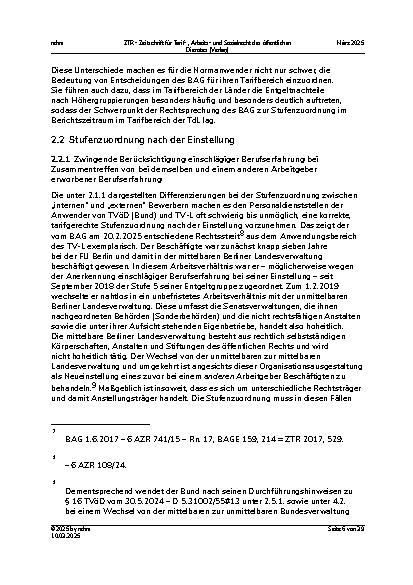 Vorschauseite 6: Die Entwicklung der Rechtsprechung des Sechsten Senats des BAG zu den Tarifverträgen des öffentlichen Dienstes in den Jahren 2023 und 2024 – Feinund Neujustierungen