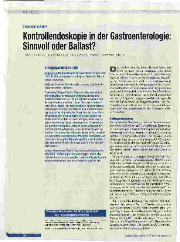 Vorschauseite 1: Kontrollendoskopie in der Gastroenterologie: Sinnvoll oder Ballast?