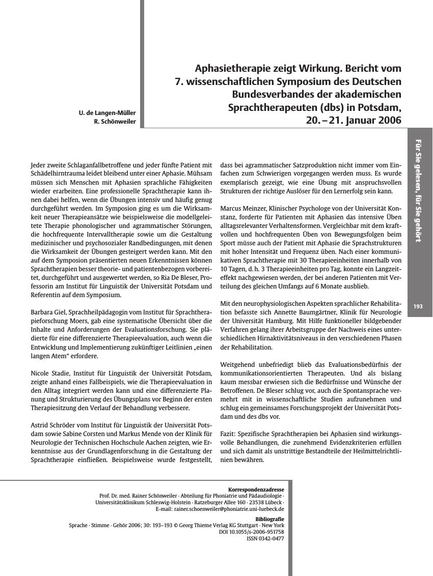 Vorschauseite 1: Aphasietherapie zeigt Wirkung. Bericht vom 7. wissenschaftlichen Symposium des Deutschen Bundesverbandes der akademischen Sprachtherapeuten (dbs) in Potsdam, 20. - 21. Januar 2006