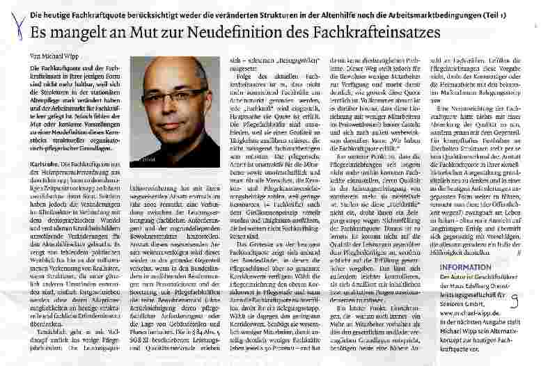 Vorschauseite 1: Die heutige Fachkraftquote berücksichtigt weder die veränderten Strukturen in der Altenhilfe noch die Arbeitsmarktbedingungen (Teil I)Es mangelt an Mut zur Neudefinition des Fachk…
