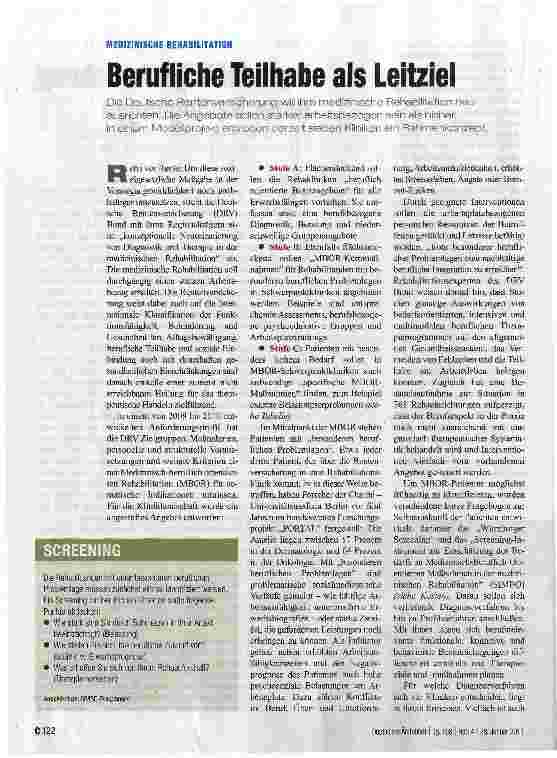 Vorschauseite 1: MEDIZINISCHE REHABILITATIONBerufliche Teilhabe als LeitzielDie Deutsche Rentenversicherung will ihre medizinische Rehabilitation neuausrichten: Die Angebote sollen stärker arbeits…