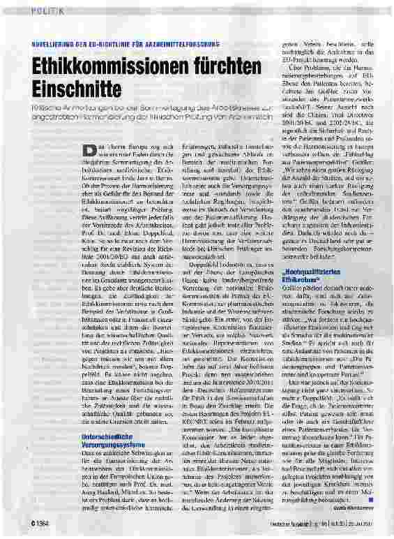 Vorschauseite 1: Ethikkommissionen fürchten Einschnitte