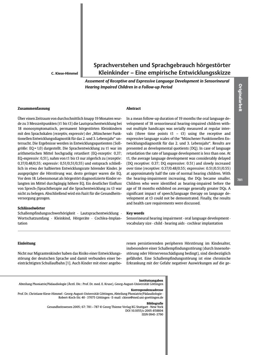Vorschauseite 1: Sprachverstehen und Sprachgebrauch hörgestörter Kleinkinder - Eine empirische Entwicklungsskizze