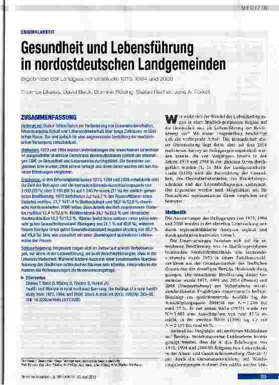 Vorschauseite 1: Gesundheit und Lebensführung in nordostdeutschen Landgemeinden