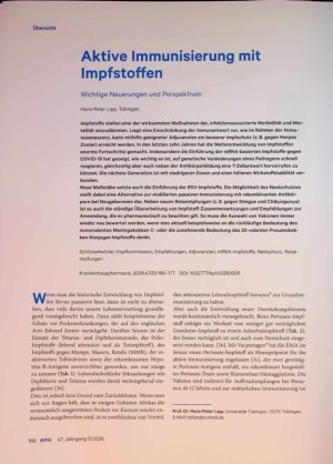 Vorschauseite 1: Aktive Immunisierung mit Impfstoffen. Wichtige Neuerungen und Perspektiven