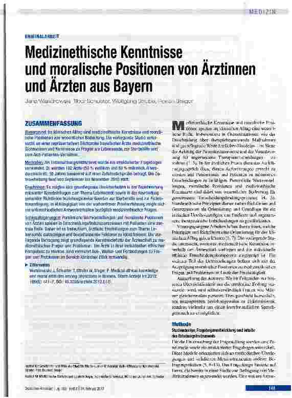 Vorschauseite 1: Medizinethische Kenntnisse und moralische Positionen von Ärztinnen und Ärzten aus Bayern