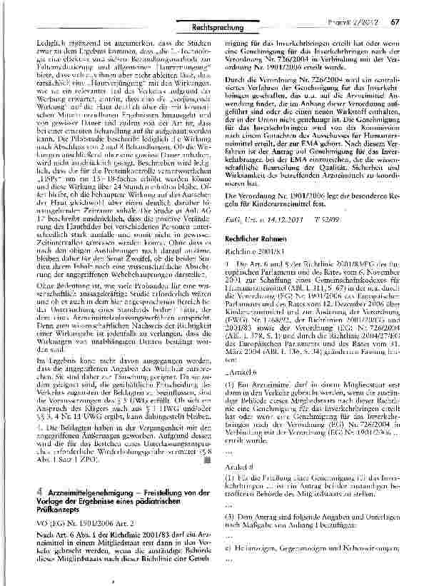 Vorschauseite 1: Arzneimittelgenehmigung - Freistellung von der Vorlage der Ergebnisse eines pädiatrischen Prüfkonzepts VO (EG) Nr. 1901/2006 Art. 2