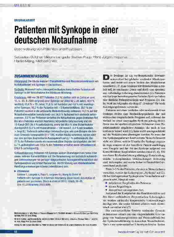 Vorschauseite 1: Patienten mit Synkope in einer deutschen Notaufnahme
