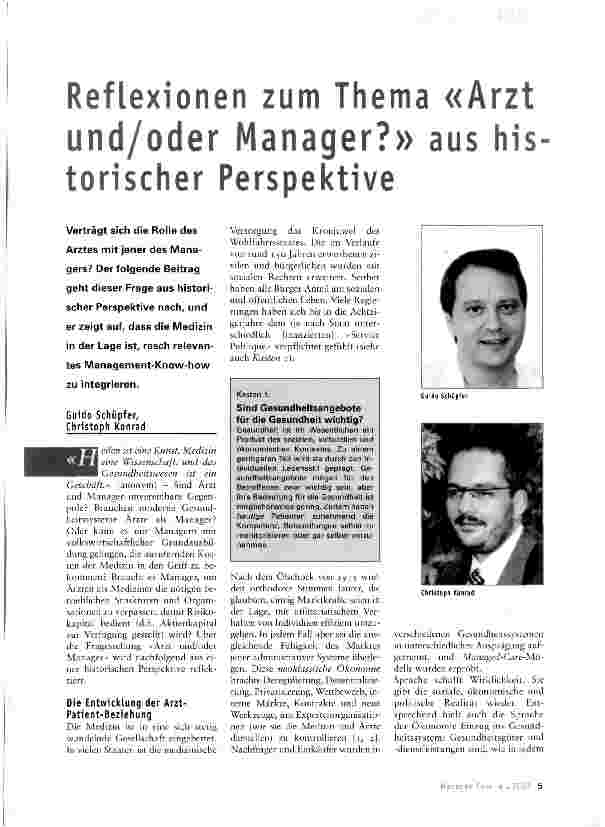Vorschauseite 1: Reflexionen zum Thema «Arzt und/oder Manager?» aus historischer Perspektive