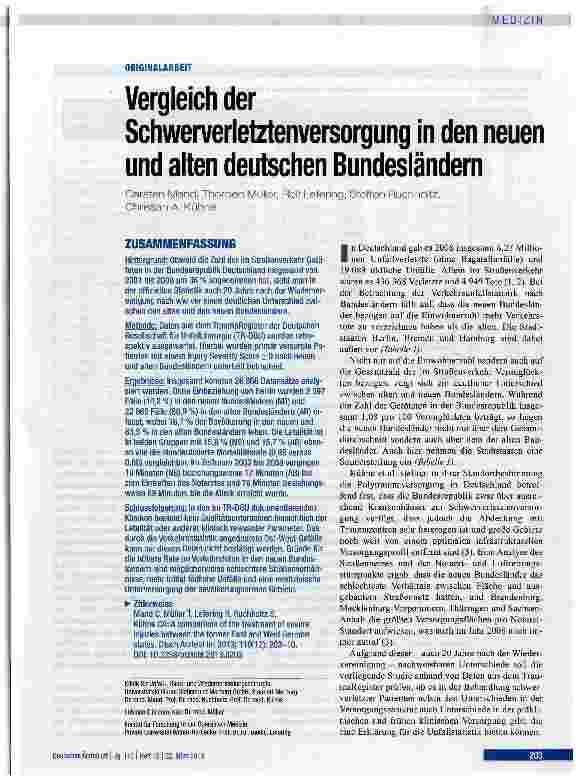 Vorschauseite 1: Vergleich der Schwerverletztenversorgung in den neuen und alten deutschen Bundesländern