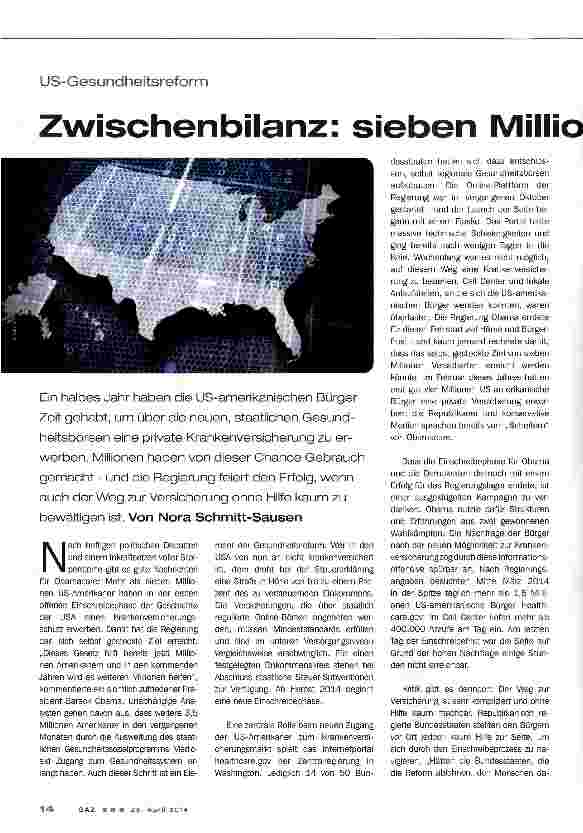 Vorschauseite 1: US-Gesundheitsreform - Zwischenbilanz: sieben Millionen Versicherte