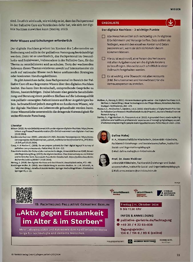 Vorschauseite 3: Vorsorge für den digitalen Nachlass treffen. Digitale Hinterlassenschaften und ihre Bedeutung für die pflegerische Begleitung.