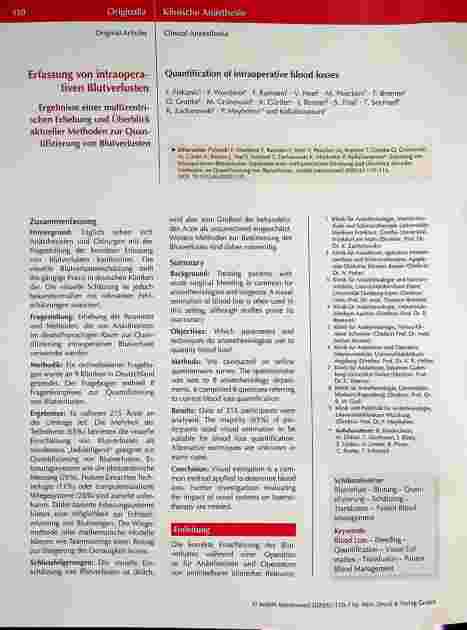Vorschauseite 1: Erfassung von intraoperativen Blutverlusten: Ergebnisse einer multizentrischen Erhebung und Überblick aktueller Methoden zur Quantifizierung von Blutverlusten