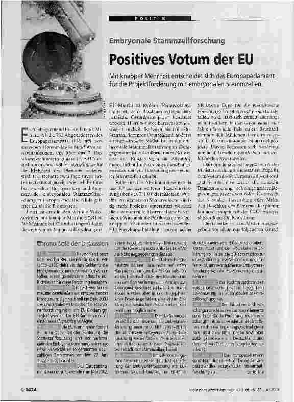 Vorschauseite 1: Embryonale StammzellforschungPositives Votum der EU