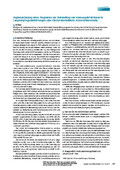 Vorschauseite 1: Implementierung eines Programms zur Behandlung von Harnwegsinfektionen in Langzeitpflegeeinrichtungen: eine Cluster-kontrollierte Interventionsstudie