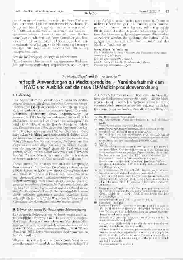 Vorschauseite 1: mHealth-Anwendungen als Medizinprodukte Vereinbarkeit mit demHWG und Ausblick auf die neue EU-Medizinprodukteverordnung