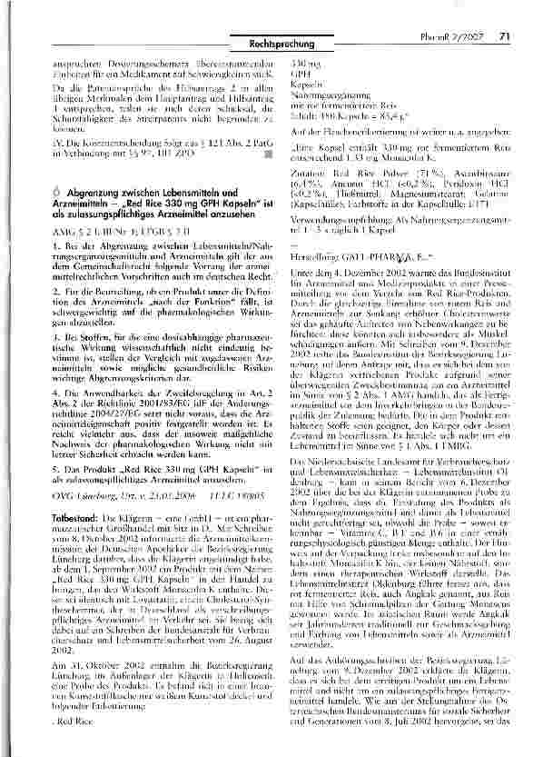 Vorschauseite 1: Abgrenzung zwischen Lebensmitteln und Arzneimitteln - Red Rice 330 mg GPH Kapseln ist als zulassungspflichtiges Arzneimittel anzusehenAMG §21, III Nr. 1; LFGB § 2 II