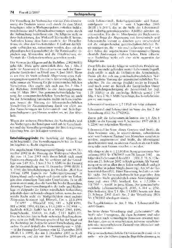 Vorschauseite 4: Abgrenzung zwischen Lebensmitteln und Arzneimitteln - Red Rice 330 mg GPH Kapseln ist als zulassungspflichtiges Arzneimittel anzusehenAMG §21, III Nr. 1; LFGB § 2 II