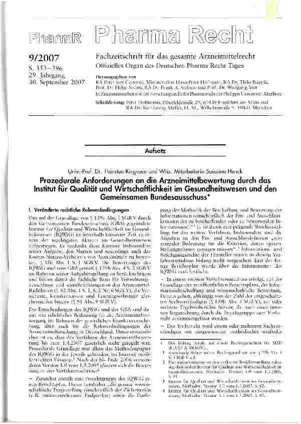 Vorschauseite 1: Prozedurale Anforderungen an die Arzneimittelbewertung durch das Institut für Qualität und Wirtschaftlichkeit im Gesundheitswesen und den Gemeinsamen Bundesausschuss