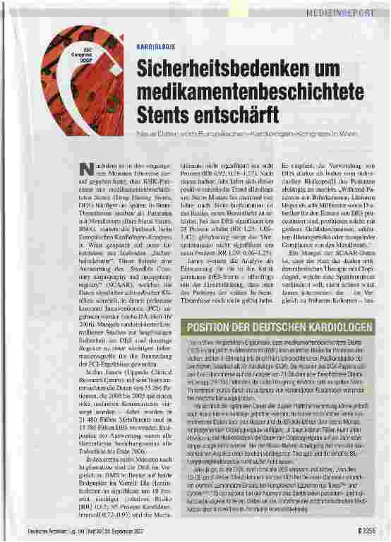 Vorschauseite 1: Sicherheitsbedenken um medikamentenbeschichtete Stents entschärft
