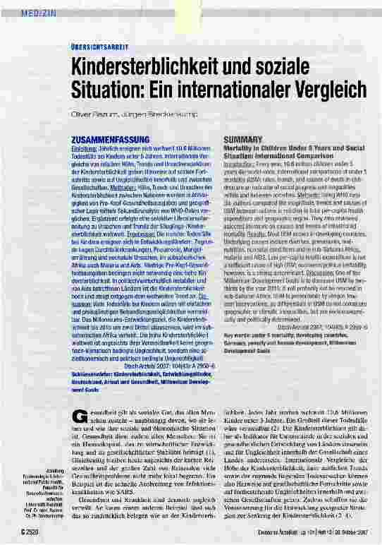 Vorschauseite 1: Kindersterblichkeit und soziale Situation: Ein internationaler Vergleich