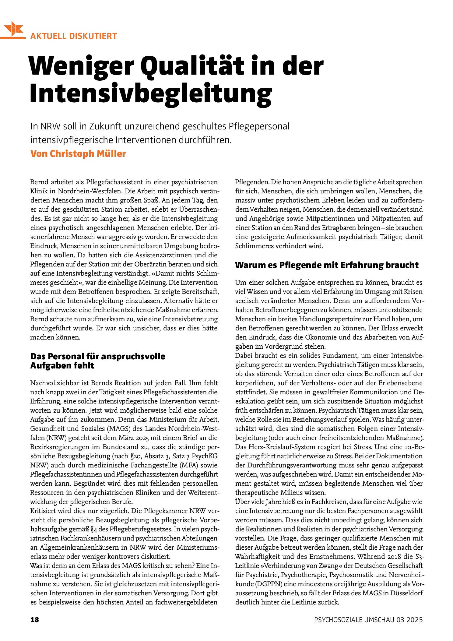 Vorschauseite 1: Weniger Qualität in der Intensivbegleitung
