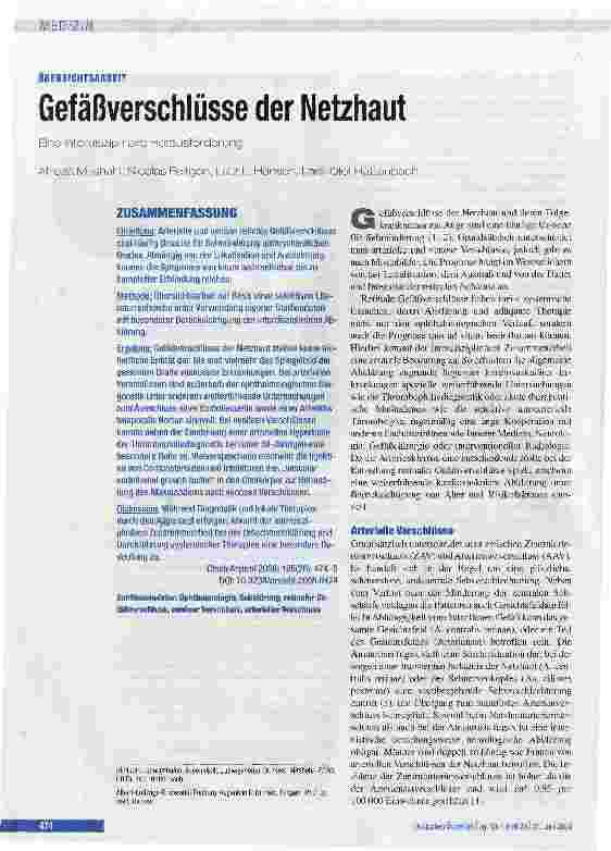 Vorschauseite 1: Gefäßverschlüsse der Netzhaut Eine interdisziplinäre Herausforderung