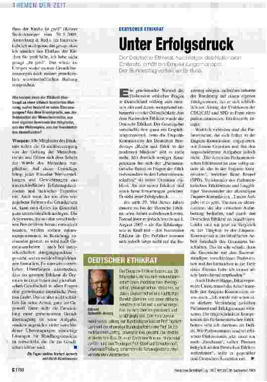 Vorschauseite 1: DEUTSCHER ETHIKRAT Unter Erfolgsdruck