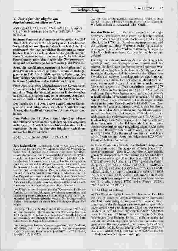 Vorschauseite 1: Zulässigkeit der Abgabe vgn Applikationsarzneimitteln an Ärzte