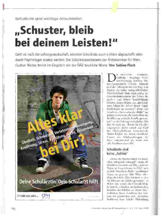 Vorschauseite 1: Schulärzte sind wichtige Anlaufstellen„Schuster, bleib bei deinem Leisten!