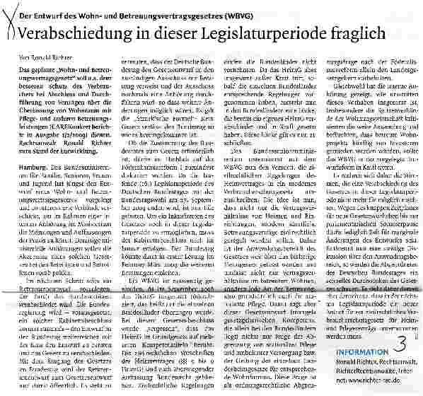 Vorschauseite 1: Verabschiedung in dieser Legislaturperiode fraglich