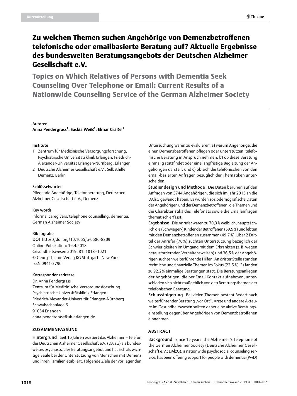Vorschauseite 1: Zu welchen Themen suchen Angehörige von Demenzbetroffenen telefonische oder emailbasierte Beratung auf? Aktuelle Ergebnisse des bundesweiten Beratungsangebots der Deutschen Alzhei…
