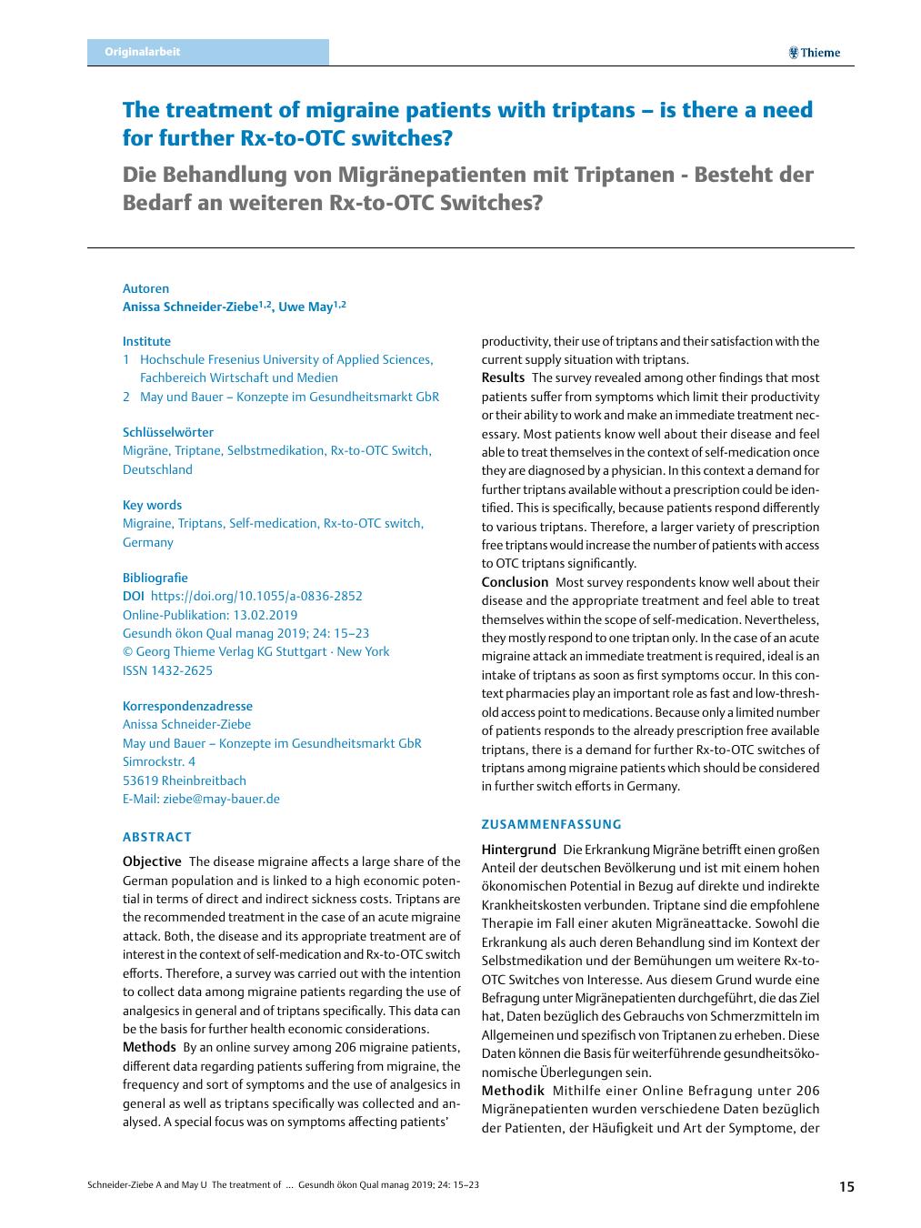 Vorschauseite 1: The treatment of migraine patients with triptans – is there a need for further Rx-to-OTC switches?