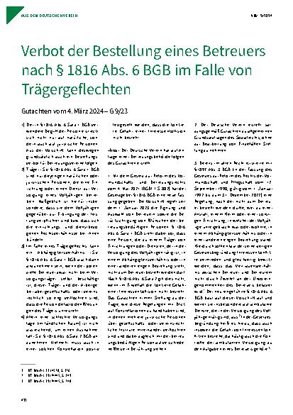 Vorschauseite 1: Verbot der Bestellung eines Betreuers nach § 1816 Abs. 6 BGB im Falle von Trägergeflechten.