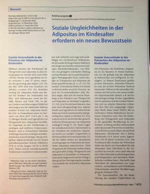 Vorschauseite 1: Soziale Ungleichheiten in der Adipositas im Kindesalter erfordern ein neues Bewusstsein